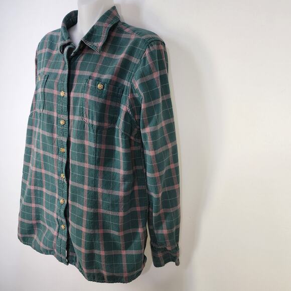 Duluth Trading Shirt Women’s Small Free Swinging Flannel Green Plaid Button Up - Picture 5 of 10